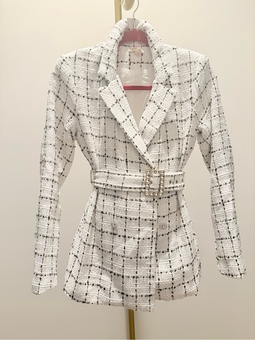Tweed Belted Blazer Jacket in White Windowpane